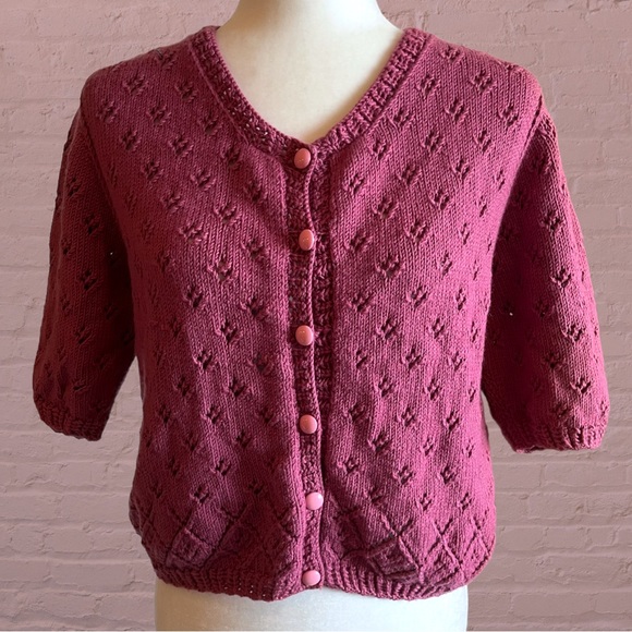 Vintage Sweaters - Vintage handmade cropped 3/4 sleeve pointelle knit cardigan